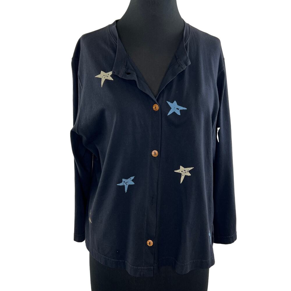 VINTAGE Saither Black Multicolor Star Printed Button-Down Cotton Shirt Women's S